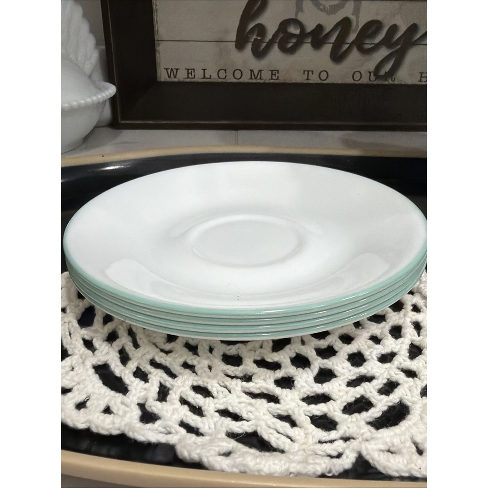 VINTAGE Corelle by Corning Set of 4 White With Green Trim 6 1/8" Saucers Mint
